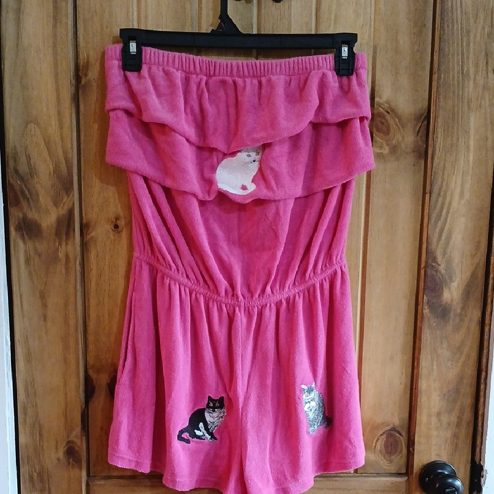 Womens Chandio Terrycloth Strapless Romper- Cats - Large-Fucshia Pink